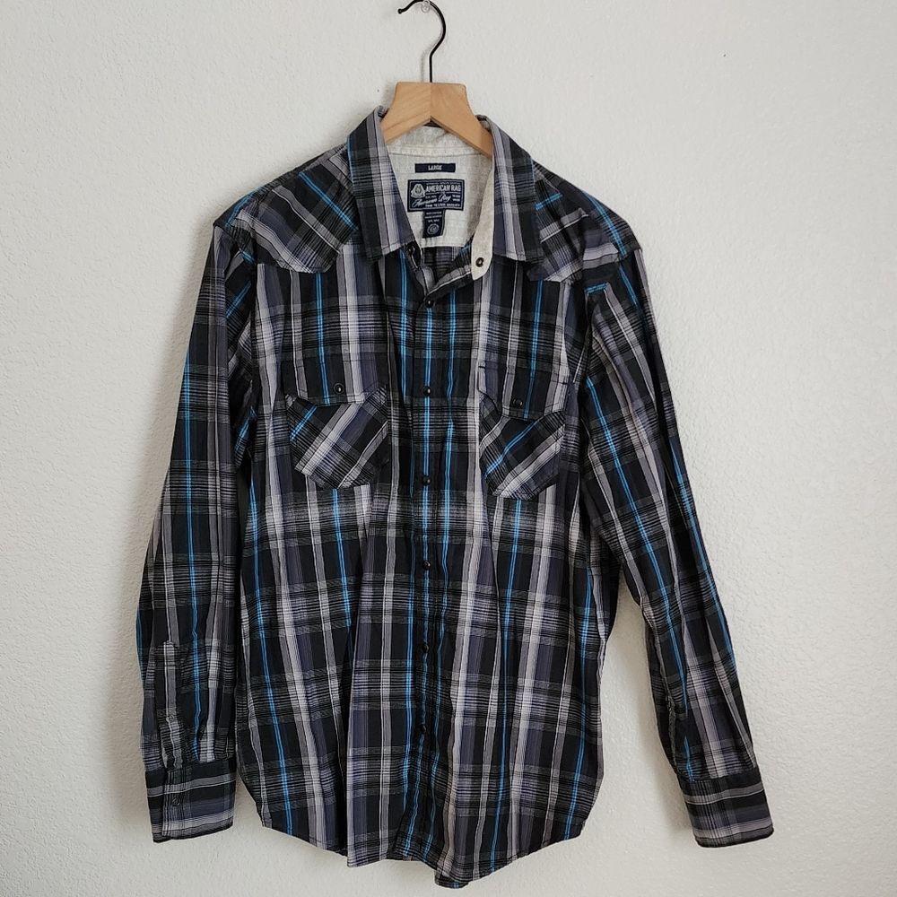 American Rag Men's Plaid Snap Button Front Casual Long Sleeve Shirt Large